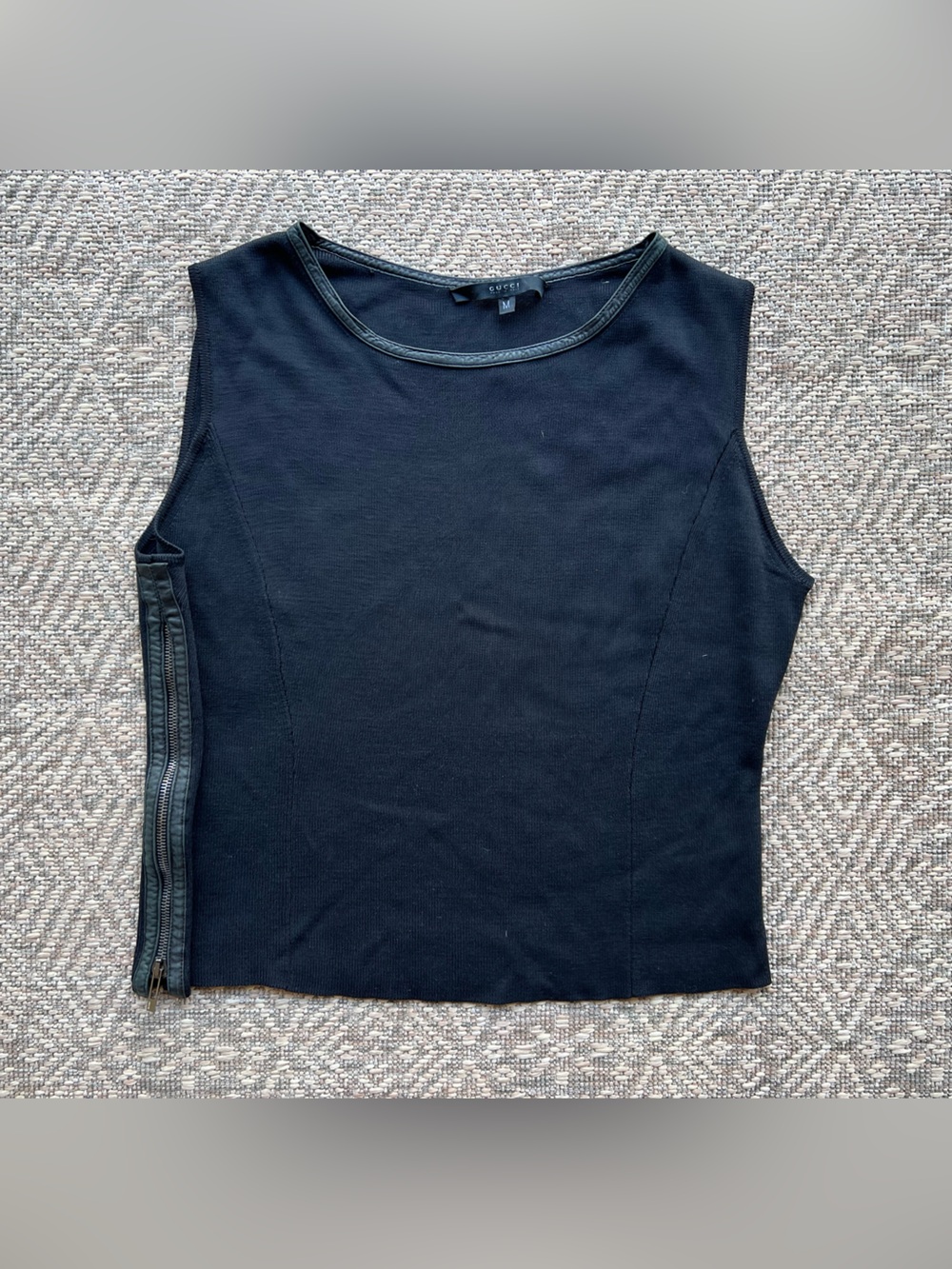 Gucci Black Cropped Tank Top Leather Trim Side Zip Sleeveless Womens M